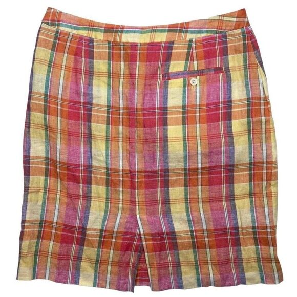 Ralph‎ Lauren Sport Pink Yellow Madras Plaid Linen Pencil Skirt Sz 6 Preppy - Picture 9 of 9